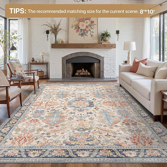Area Rugs 8x10 Clearance Washable Boho Rug for Bedroom Living Room, Non Slip Thin Low Pile Chenille Carpet for Dining Room,Vintage Farmhouse, Teal/Multi