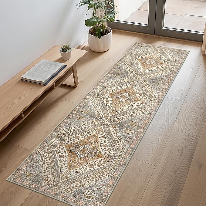 Bavni Runner Rug 2x12 Kitchen Rugs for Hallways Entryway, Washable Vintage Print Carpet, Ultra-Thin Chenille Low Pile Lightweight Rug with Non Slip Backing, Light Tan/Grey