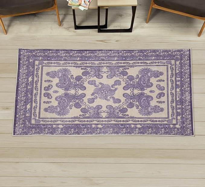 Ambesonne Boho Decorative Rug, Vintage Look Ethnic Look Pattern of Paisley Details Bohemian Feels Damask, Quality Carpet for Bedroom Dorm and Living Room, 2' x 5', Eggshell Violet Lilac