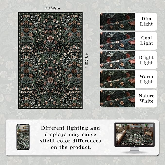 4x6 Black Floral Boho Area Rug,Low-Pile Stain Resistant Non-Slip Machine Washable Carpet for Living Room,Bedroom, Kitchen,Entryway,Dining Room, Nursery