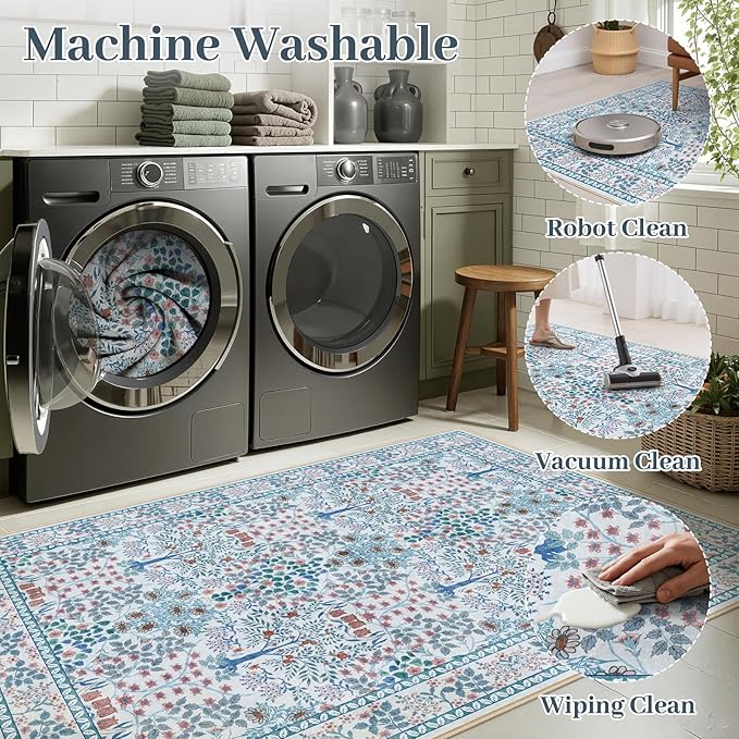 5x7 Area Rugs Living Room Rug - Floral Vintage Morris-Inspired Washable Carpet, Low Pile Non-Shedding Stain Resistance Boho Soft Carpet for Bedroom, Dining Room, Office, Farmhouse (5'x7' Blue/Pink)