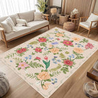 Rustic Flower Area Rug, 3x4ft, Classic Colorful Bohemian Floral Pattern with Beige Large Hall Botanical Rug, Non Slip No Crease Easy Care Girls Room Decor Carpet for Relax Room Bedroom
