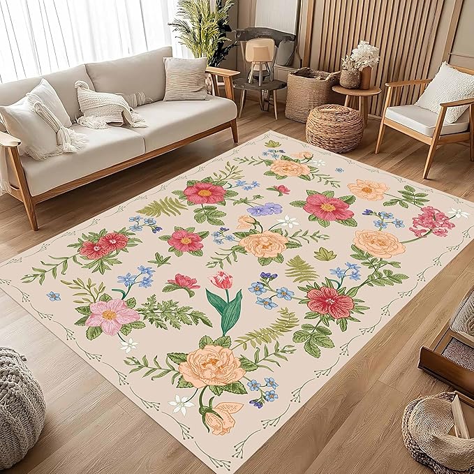 Rustic Flower Area Rug, 3x5ft, Classic Colorful Bohemian Floral Pattern with Beige Large Hall Botanical Rug, Non Slip No Crease Easy Care Girls Room Decor Carpet for Relax Room Bedroom