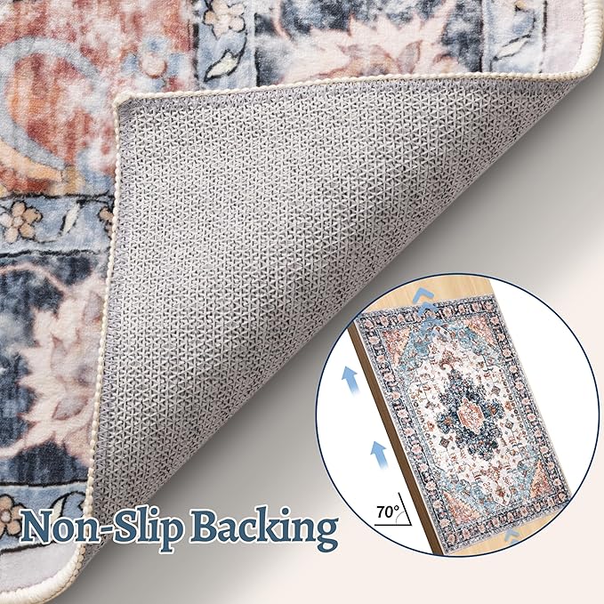 Tangsoo 3x5 Rug for Bedroom, Washable Vintage Rugs Indoor, Non Slip Accent Rug, Print Distressed Blue/Beige Carpet, Soft Low Pile for Living Room Dorm Bedroom Bedside Entryway Bathroom