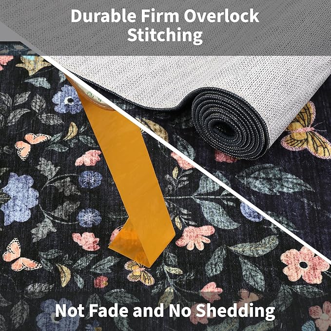 GarveeHome Washable Rug 6 x 9, Low Pile Farmhouse Floral Rug, Non-Shedding Indoor Foldable Printed Carpet Non-Slip Soft Vintage Throw for Bedroom Dining Room Kitchen, Dark Grey Blue
