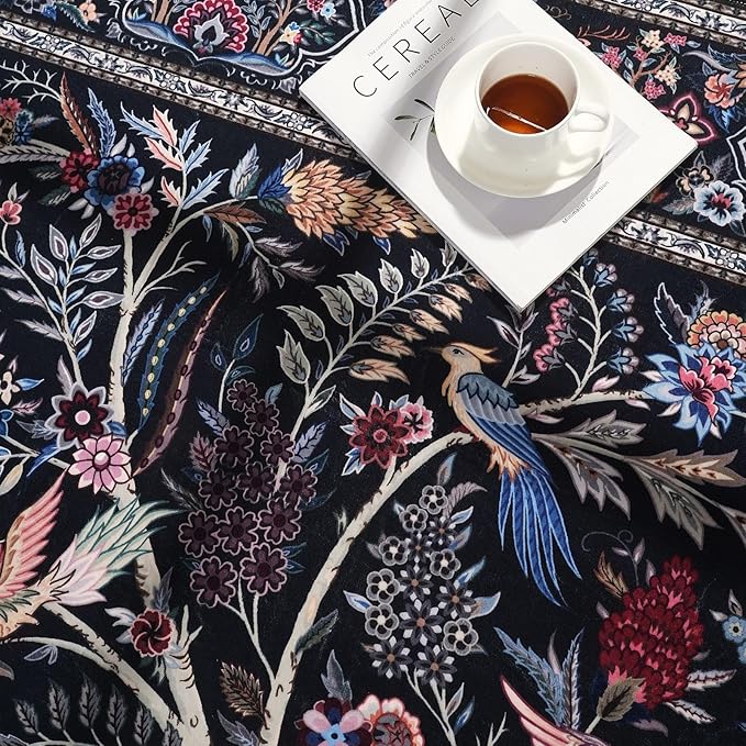 Rugcomf Runner Rug Vibrant Tree of Life-Patterned Vintage Kitchen Rugs Non Slip Washable Soft Carpet Runner for Laundry Bedroom Bathroom, Black