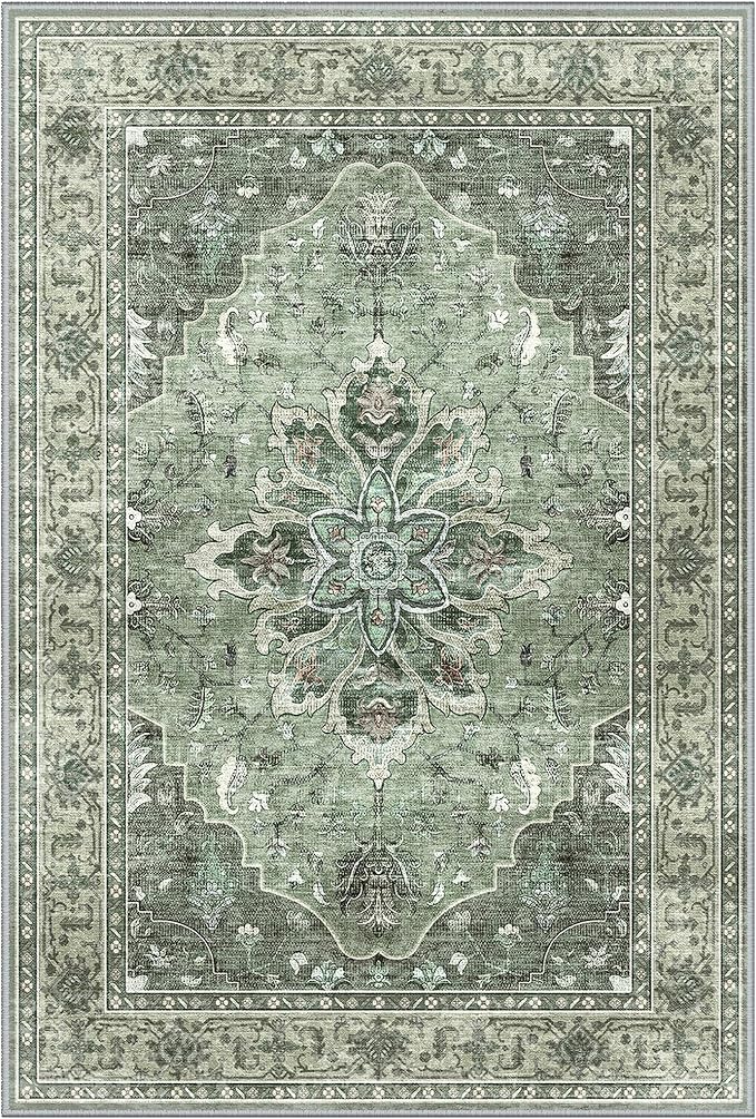 Area Rugs 2'6''x14' Washable Non-Slip, Floral Vintage Distress Print Pattern Medallion Carpet for Living Room Bedroom Dining Room, Dark Green Gray