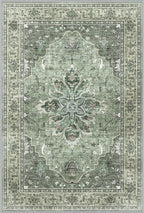 Area Rugs 3'x8' Washable Non-Slip, Floral Vintage Distress Print Pattern Medallion Carpet for Living Room Bedroom Dining Room, Dark Green Gray