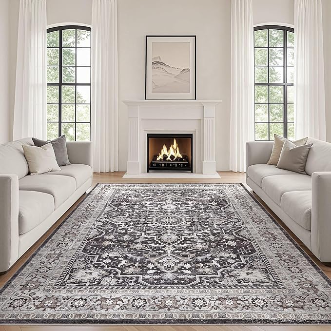 Black Rug Living Room Rugs: 7x9 Washable Boho Large Vintage Moody Soft Stain Resistant Oriental Farmhouse Non-Slip Indoor Floor Carpet for Bedroom Playroom Office Dining Room Retro Home Decor