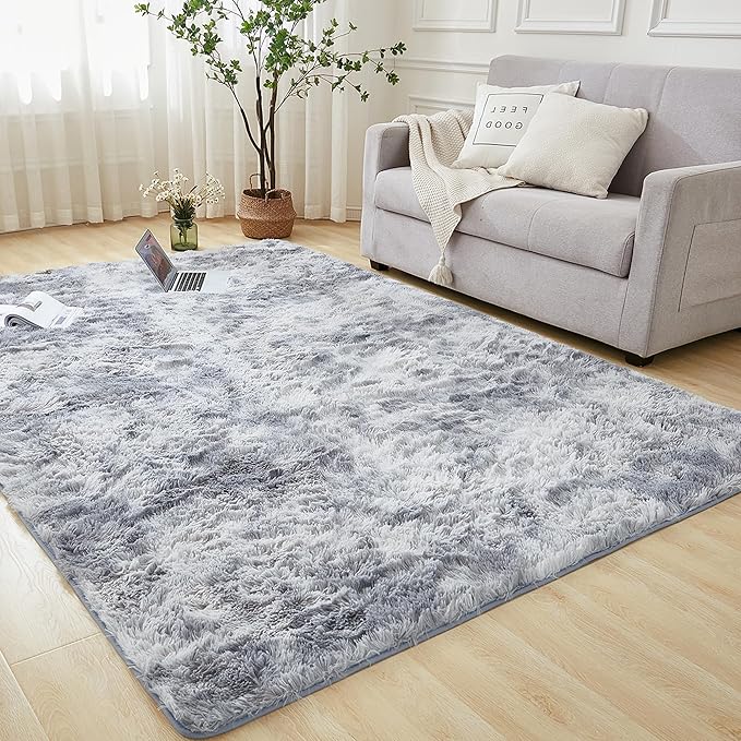 Andency Soft Area Rugs for Living Room Bedroom, 5x8 Fluffy Shaggy Bedside Rug, Non-Slip Large Shag Fuzzy Plush Carpets for Bedroom Kids Dorm Nursery Home Decor Aesthetic, Tie-Dyed Light Grey