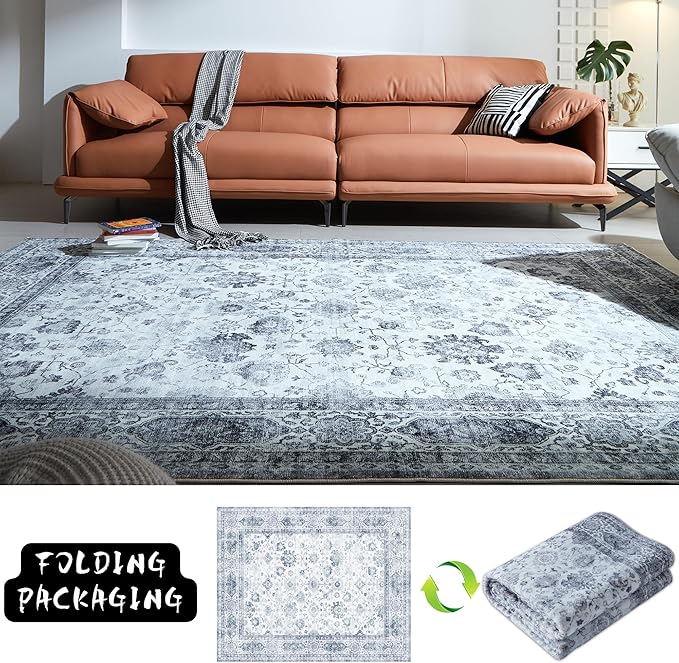 Rugcomf Runner Rug 2'x6' Hallway Washable Boho Soft Area Rug Non-Slip Non-Shedding Faux Wool Vintage for Kitchen, Entryway, Laundry, Bedroom, Indoor (Grey and White)