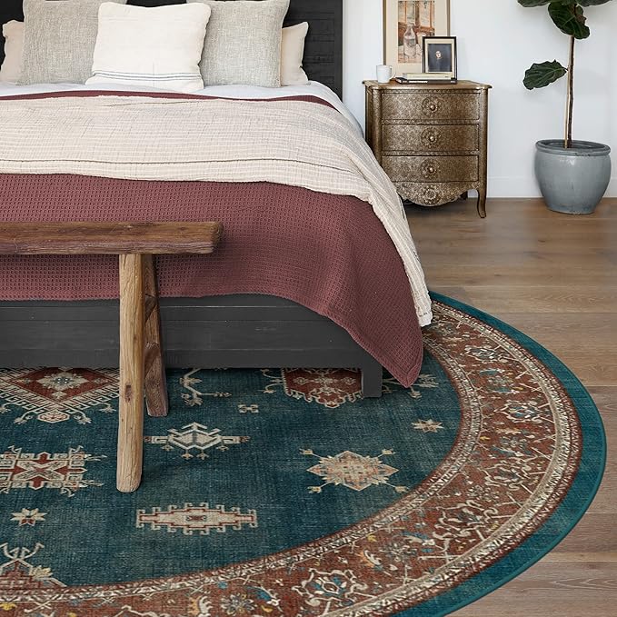 RUGGABLE Washable Vintage Area Rug – Verena Teal Blue 6 ft Round, Stain-Resistant, Non-Slip – Medium Machine Washable Rugs for Living Room, Bedroom, Hallway, Entryway & Office–with Standard Pad