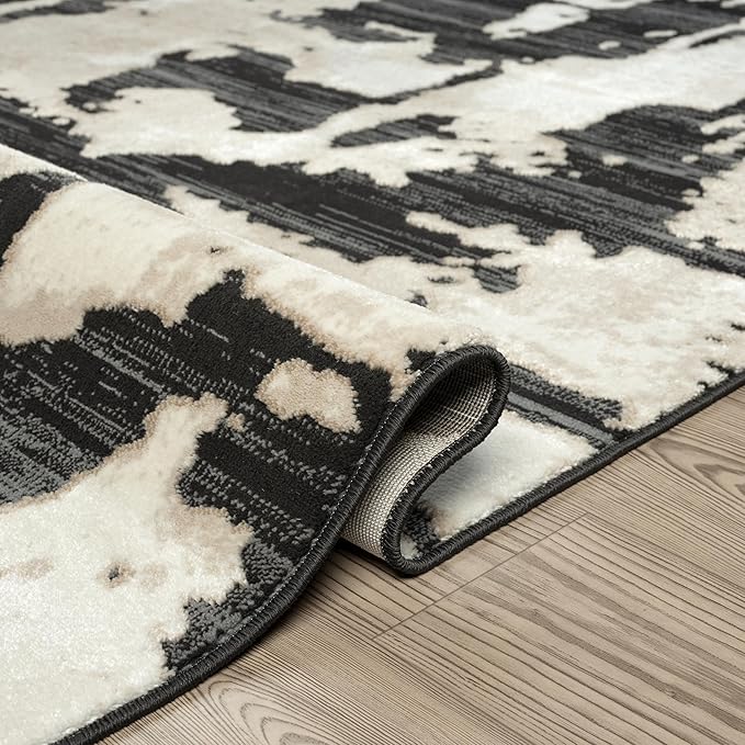Abani Terra Cream Area Rug for Living Room, Bedroom - Black Abstract Pattern - 4' x 6' - Durable & Easy to Clean