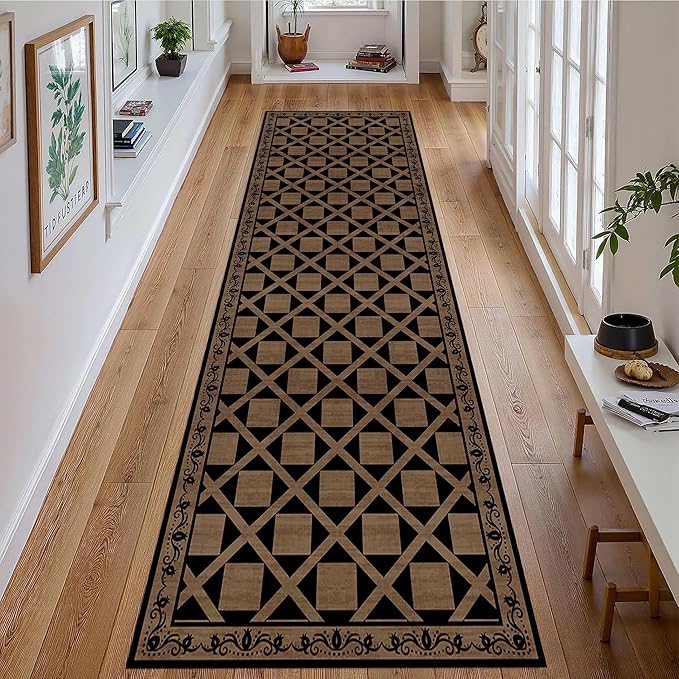 Minimalist Checkered Runner Rug, 2x7ft, Brown Checkerboard Floor Mat, Floral Print Hallway Kitchen Runners Rugs, Washable Breathable Reduce Noise Room Decor Carpet for Bedroom Foyer