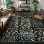 9x12 Black Vintage Floral Area Rug,Washable Large Boho Living Room Rugs,Botanical Print Non-Slip Stain Resistant Lightweight Carpet for Bedroom Dining Room Nursery