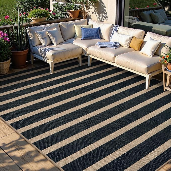 Lahome Striped Easy Jute Area Rug 6x9, Outdoor Patio Rug Neutral Black Carpet for Living Room Classroom, Farmhouse Low Pile Non Slip Non Shedding Floor Carpet for Dining Room Office