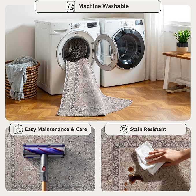Kuden 2'6"x10 Runner Rug, Machine Washable Area Rug with Non-Slip Backing, Vintage Style, Soft, Easy Clean, Low Pile Rug for Hallway, Entryway, Kitchen, Bedroom