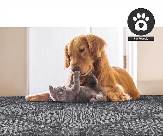FH Home Flat Woven Outdoor Rug - Waterproof, Easy to Clean, Stain Resistant - Premium Polypropylene Yarn - Boho Moroccan - Large Patio, Deck, Sunroom - Ariana - Charcoal - 7ft 8in x 9ft 8in