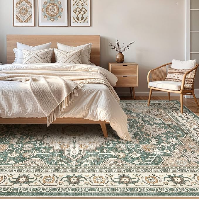 Green Rug Living Room Rugs: 10x12 Washable Boho Large Vintage Soft Stain Resistant Farmhouse Oriental Non Slip Indoor Floor Carpet for Bedroom Nursery Kids Playroom Office Dining Room Home Decor