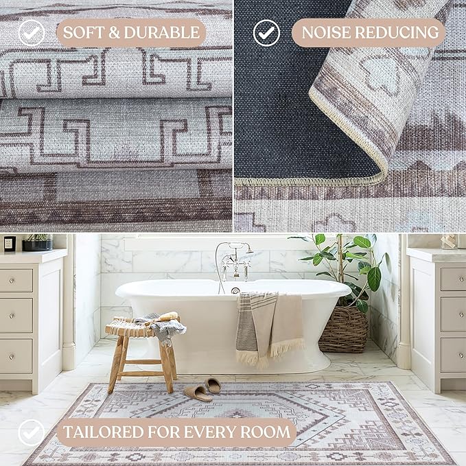 Fame Living Washable Area Rug. Modern Farmhouse. Vintage. Turkish. Bohemian. Distressed. Oriental. Traditional. Rugs for Living Room. Dining. Bedroom. Office. Entryway. Foyer. (856BrC, 2'5" x 9'8")