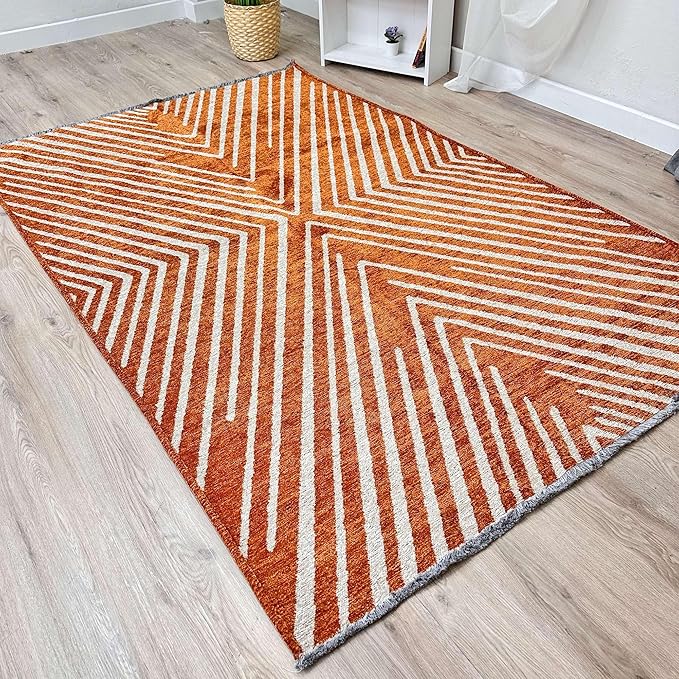 Alfa Rich 5x8 Geometric Burnt Orange Off White Washable Area Rugs for Living Room Bedroom Cotton Rug