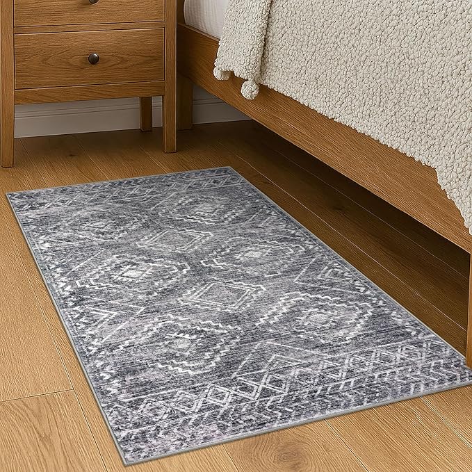 KILOCOCO Boho Entryway Rug 2x3 Printed Small Area Rug Indoor Door Mat Machine Washable Kitchen Rugs Super Soft Non Slip Throw Rugs for Bedroom Entrance Geometric Laundry Room, Grey