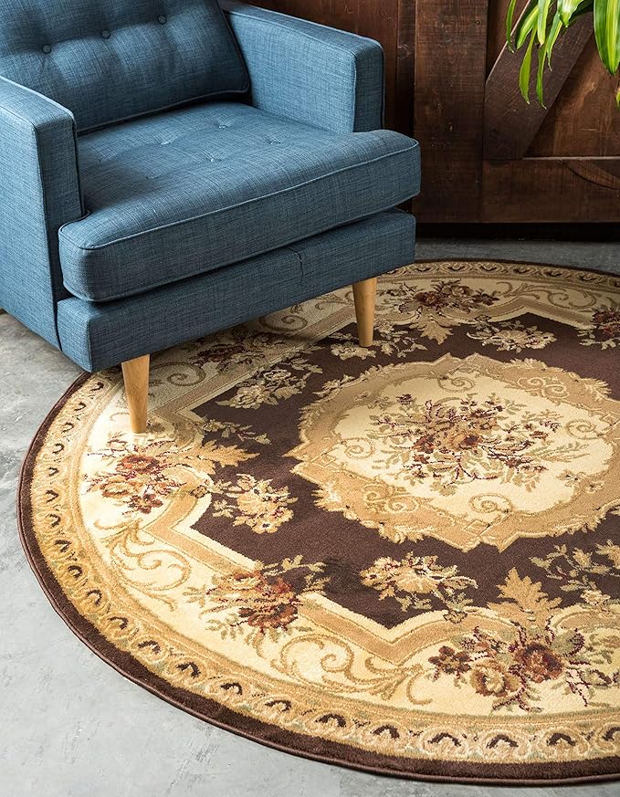 Unique Loom Versailles Collection Traditional Classic Floral Motif Area Rug (8' 0 x 8' 0 Round, Brown/ Ivory)