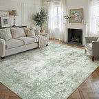 12x15 Washable Area Rug Sage Green Abstract Living Room Bedroom Carpet Neutral Modern Non-Slip Soft Low Pile Lightweight Vacuumable Large Throw Rug for Dining Room
