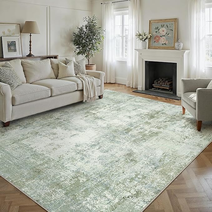 12x15 Washable Area Rug Sage Green Abstract Living Room Bedroom Carpet Neutral Modern Non-Slip Soft Low Pile Lightweight Vacuumable Large Throw Rug for Dining Room