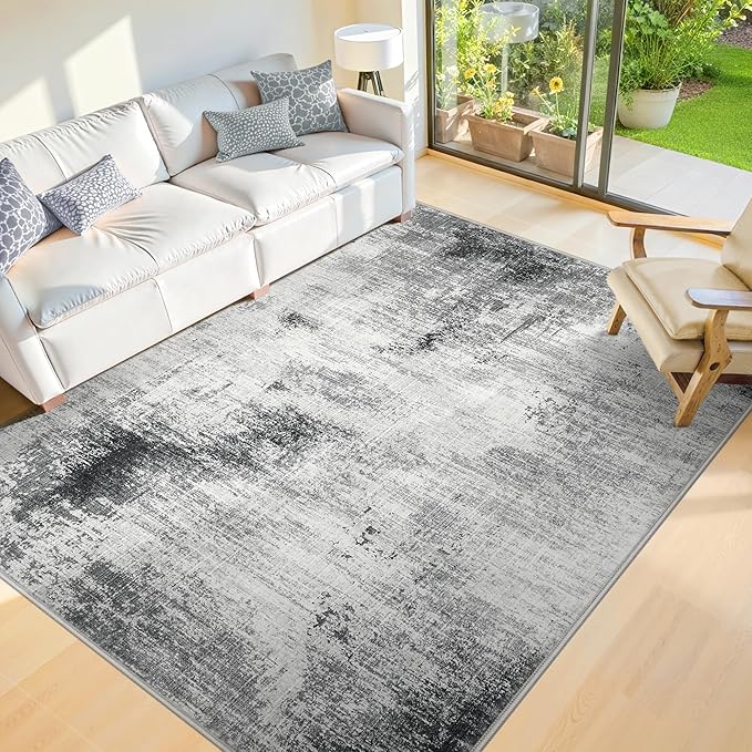 6x9 Washable Area Rugs - Modern Abstract Rugs for Living Room Non-Slip Low Pile Soft Machine Washable Carpet for Bedroom, Dining Room, Nursery, Home Office, Farmhouse (6'x9' Dark Grey)