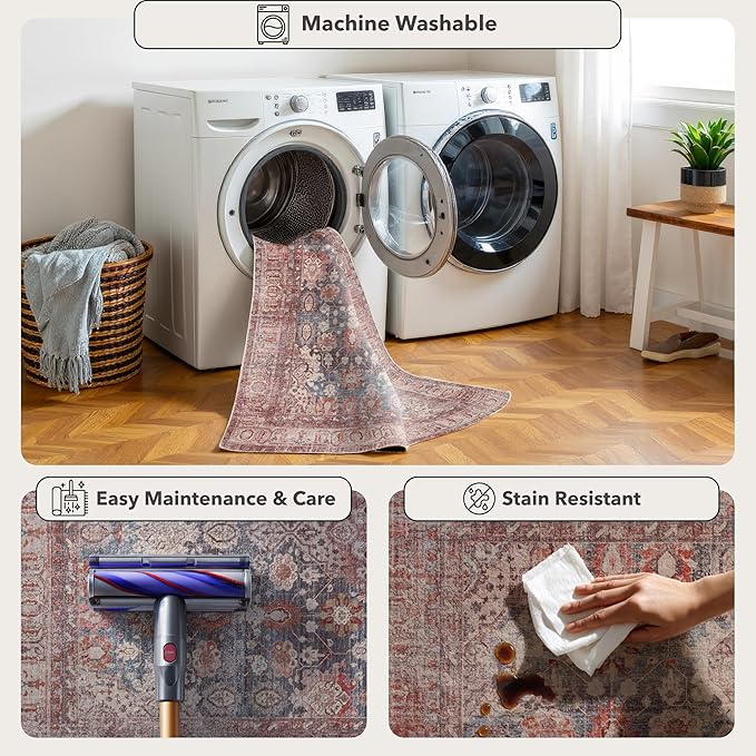 Kuden 2'6"x12 Runner Rug, Machine Washable Area Rug with Non-Slip Backing, Vintage Style, Soft, Easy Clean, Low Pile Rug for Hallway, Entryway, Kitchen, Bedroom