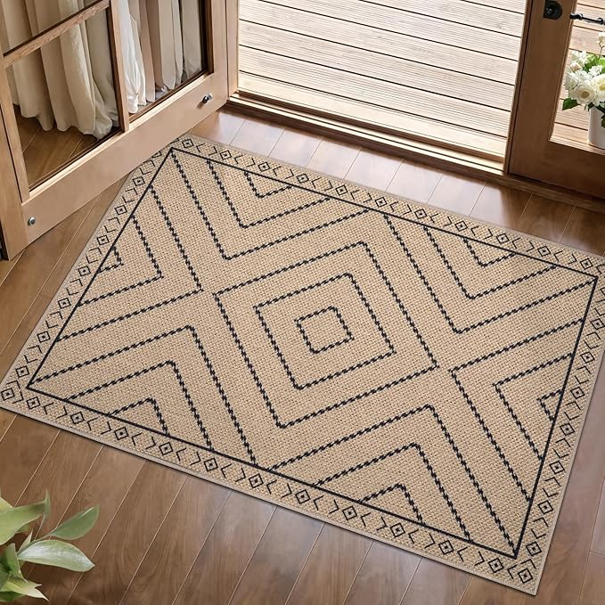 Tangsoo Easy Jute Rug 2x3 Outdoor Rug,Washable Non-Slip Rug for Entryway,Neutral Geometric Ultra Thin Indoor Carpet Farmhouse Throw Mat for Kitchen Bedroom Front Door Entrance