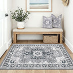 LUMI Indoor Thin Door Mat, 32x47 Washable Small Inside Doormat, Non Slip Low Pile Oriental Floor Carpet, Vintage Distressed Area Rug for Front Door,Entrance,Bedroom, Blue