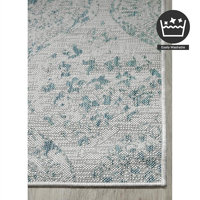 FH Home Flat Woven Outdoor Rug - Waterproof, Easy to Clean, Stain Resistant - Premium Polypropylene Yarn - Distressed Farmhouse - Patio, Porch, Deck, Balcony - Granada - Aqua - 5ft 2in x 7ft 6in