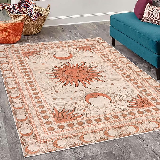 Ambesonne Sun and Moon Decorative Rug, Bohemian Artwork Design of Crescent Solar Ornament Esoteric Stars Ornaments, Quality Carpet for Bedroom Dorm and Living Room, 4' X 5' 5", Burnt Sienna