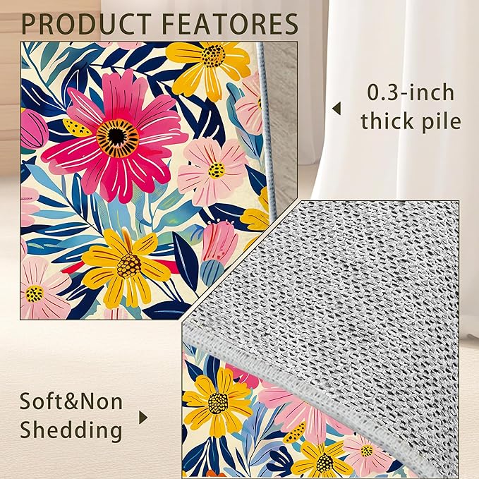 Pink Flowers Summer Area Rug for Living Room, Non-Slip Backing Low Pile Modern Abstract Rug for Indoor Use, 3x5 Washable Carpet
