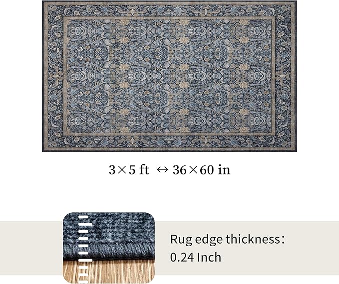Washable Living Room Rug: 3x5 Boho Floral Soft Area Rug for Bedroom Decor - Vintage Low Pile Thin Carpet for Dining Room Non-Slip - Farmhouse Stain Resistant Rugs - Slate Blue