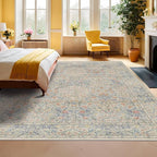 Washable Light Blue Bedroom Rug, 9x12 Area Rug for Living Room, Large Dining Room Rugs for Under Table, Soft Low Pile Non-Slip Stain Resistant Carpet - Vintage Floral Design (9x12 Beige Blue)