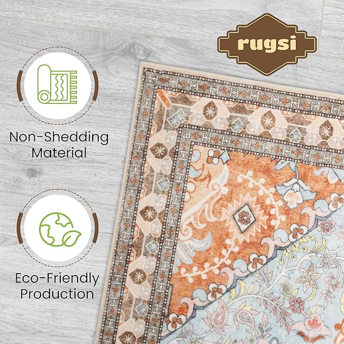 Washable Entryway Rug 3x5 | Non Slip Rug Runners for Hallways, Entryways, Kitchens, Bathrooms, Bedrooms | Ultra-Soft Flannel Carpet Kitchen Rug with Rubber Backing (Light Teal/Rust, 3x5)