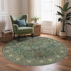 Bavni Round Rug 5ft-Machine Washable Area Rugs Non-Slip for Bedroom, 5x5 Vintage Floral Rug Distressed Throw Carpet for Living Room Nursery Kitchen Bathroom, Forest Green
