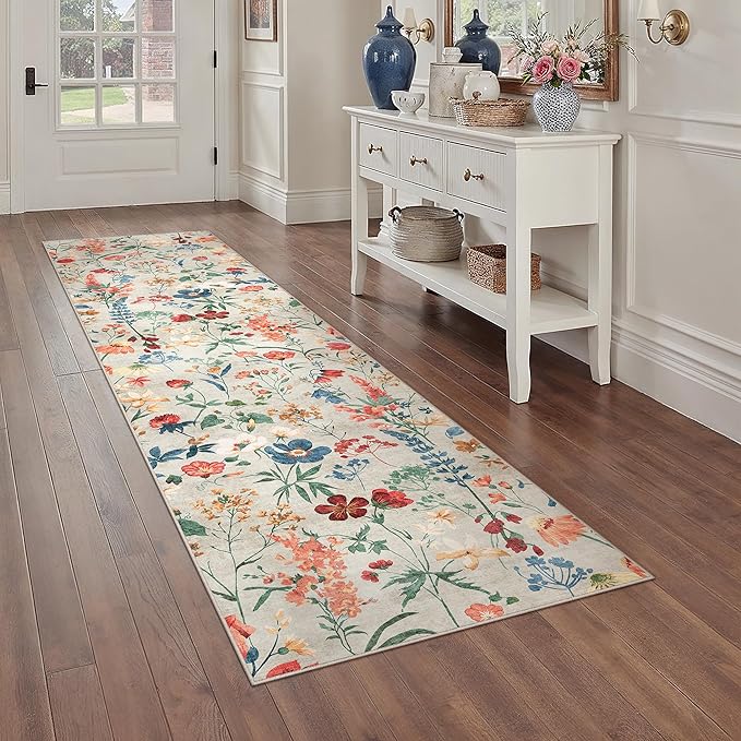 Floral Runner Rug 3x8 Washable Hallway Long Beige Bedroom Carpet Non Slip Indoor Boho Kitchen Low Pile Accent Rug Lightweight Soft for Bathroom Dining Laundry Living Room