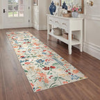 Floral Runner Rug 2x8 Washable Hallway Long Beige Bedroom Carpet Non Slip Indoor Boho Kitchen Low Pile Accent Rug Lightweight Soft for Bathroom Dining Laundry Living Room