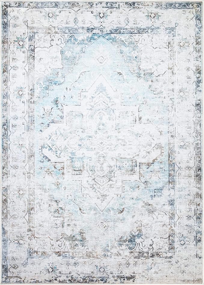 Bloom Rugs Washable Non-Slip 8' x 10' Rug - Beige/Blue Traditional Area Rug for Living Room, Bedroom, Dining Room, and Kitchen - Exact Size: 8' x 10'