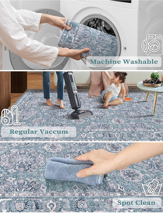 SERISSA Boho Washable Runner Rug, 2x6 Rug Non-Slip Vintage Floral Hallway Kitchen Runner Rug Ultra Soft Print Distressed Blue Grey Floor Carpet for Bedroom Bathroom Laundry Room