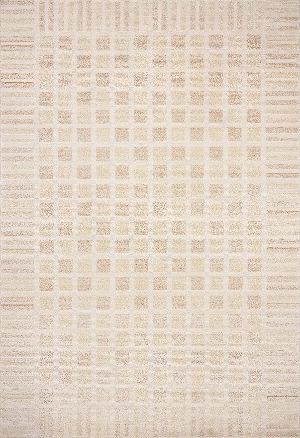 Loloi Chris Loves Julia Calvin Collection CLV-03 Bone/Natural 5'-3" x 5'-3" Round Area Rug Checkered Neutral Soft Living Room Bedroom Carpet