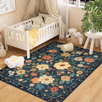 DUKINO 4x6 Area Rug, Lightweight Non Slip Washable Floral Rug, Indoor Low Pile & Non-Shedding Boho Design Rugs for Bedroom, Living Room, Dining Room, Dark Blue