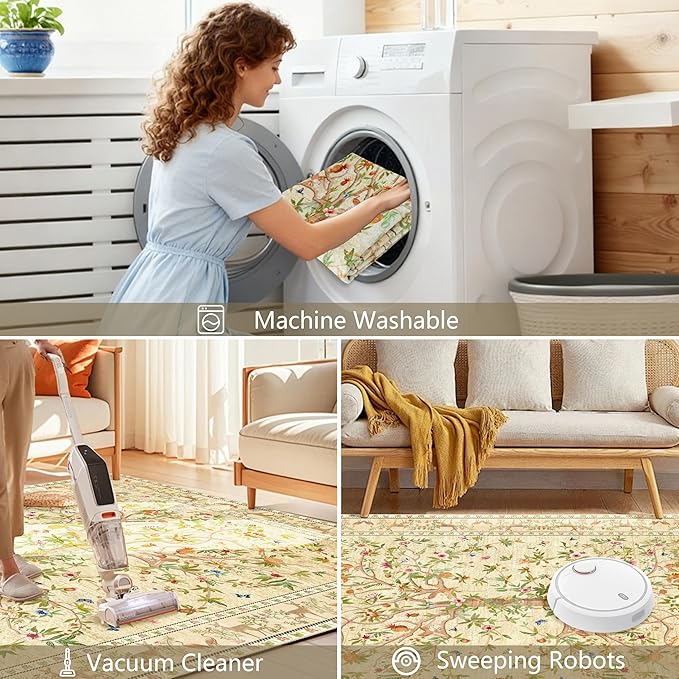 8x10 Area Rugs for Living Room, Machine Washable Non-Slip Carpet, Boho Floral Low Pile Throw Rugs for Bedroom, Dining Room, Office, Nursery, Vintage Home Decor（Beige）