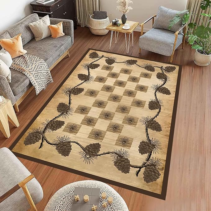 Vintage Plaid Area Rug 5x8ft Rustic Cabin Pine Cone Branches Lattice Pattern Rug Country Lodge Nature Plants Rugs, Soft Floor Rug Non-Skid Carpets for Living Room Farmhouse Indoor Floor Mat