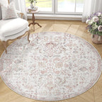 jinchan Kalen Round Rug 5ft Area Rug Washable Vintage Indoor Retro Accent Entryway Floor Cover Distressed Floral 5' Round Circle Boho Non Slip Thin Carpet for Bedroom Living Room Dining Room Red