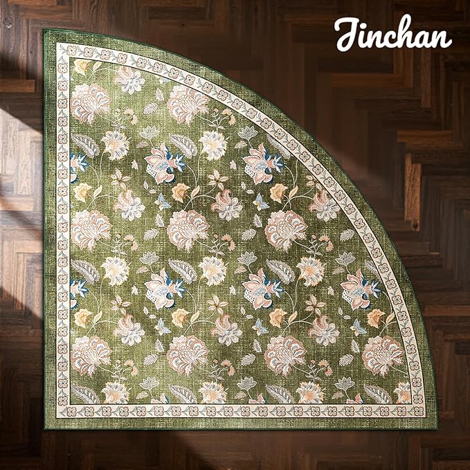 jinchan Elora Floral Corner Rug for Kitchen Washable Nursery Rug Vintage Romance Design Non Slip Quarter Circle Lightweight Low-Pile Throw Carpet for Playroom Reading Nook Office, 5ft Radius, Green